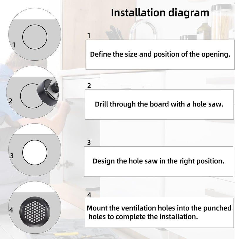 YEUIKERR 50 Pcs Round Soffit Vents 2 inch/53 mm Circular Air Vents Stainless Steel Circular Soffit Vents Mesh Hole Louver for Wardrobe Cabinet Shoe Cabinets Kitchen (Black) - Image 4